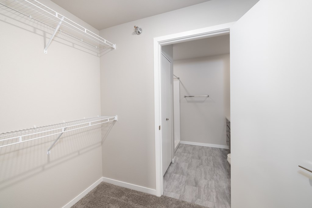 A white closet with a doorway leading to another room.