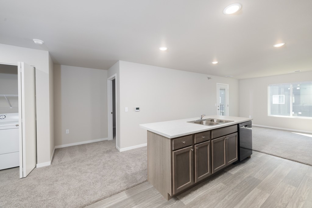 A kitchen with a sink and cabinets.