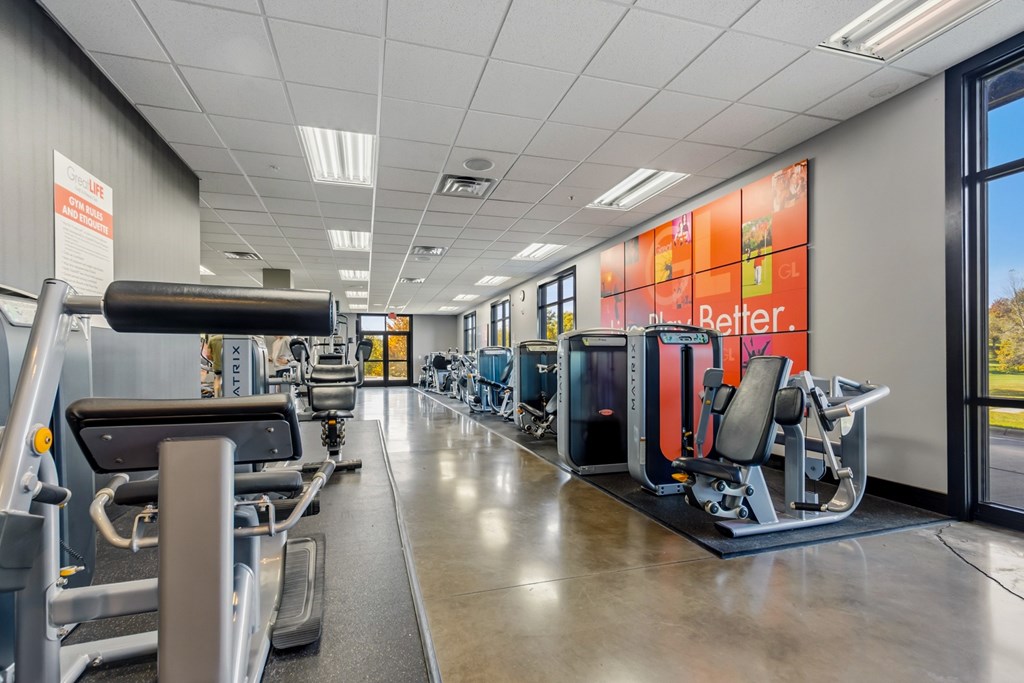 A gym with a variety of equipment including treadmills, weights, and exercise machines.