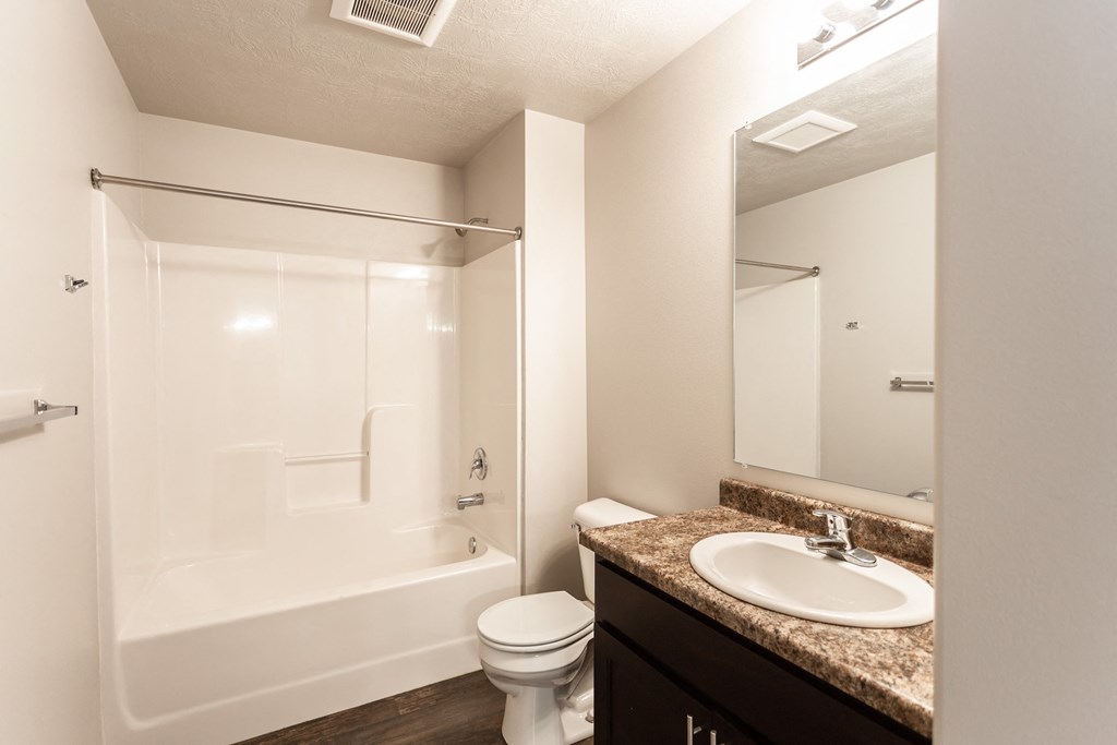 a bathroom with a shower sink and toilet and a mirror