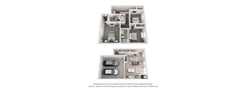 A 3D floor plan of a house with two bedrooms, a living room, a kitchen, and a garage.