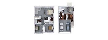 Two floor plan images of a house with a garage and a living room.