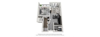 A 3D floor plan of a small apartment with a kitchen, living room, and bathroom.