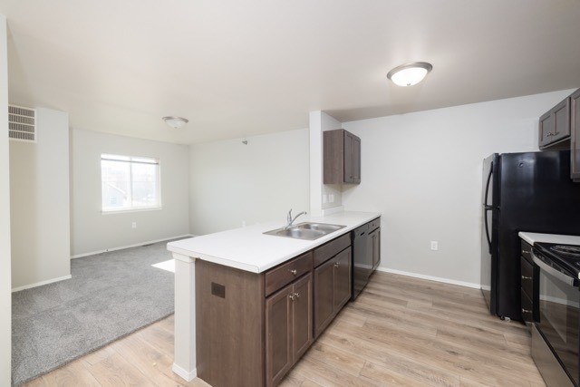 A kitchen with a black refrigerator, sink, and cabinets.