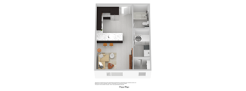 A floor plan of a small apartment with a kitchen, living room, and bathroom.