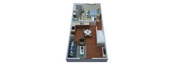 A 3D floor plan of a small apartment with a living room, kitchen, and bedroom.