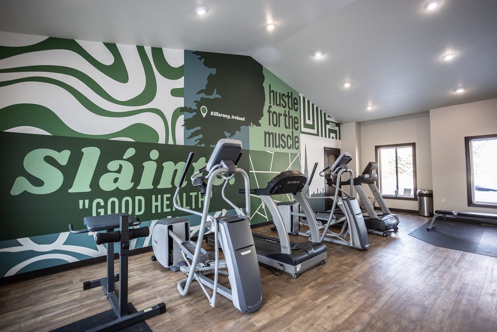 a gym with cardio machines and a mural on the wall