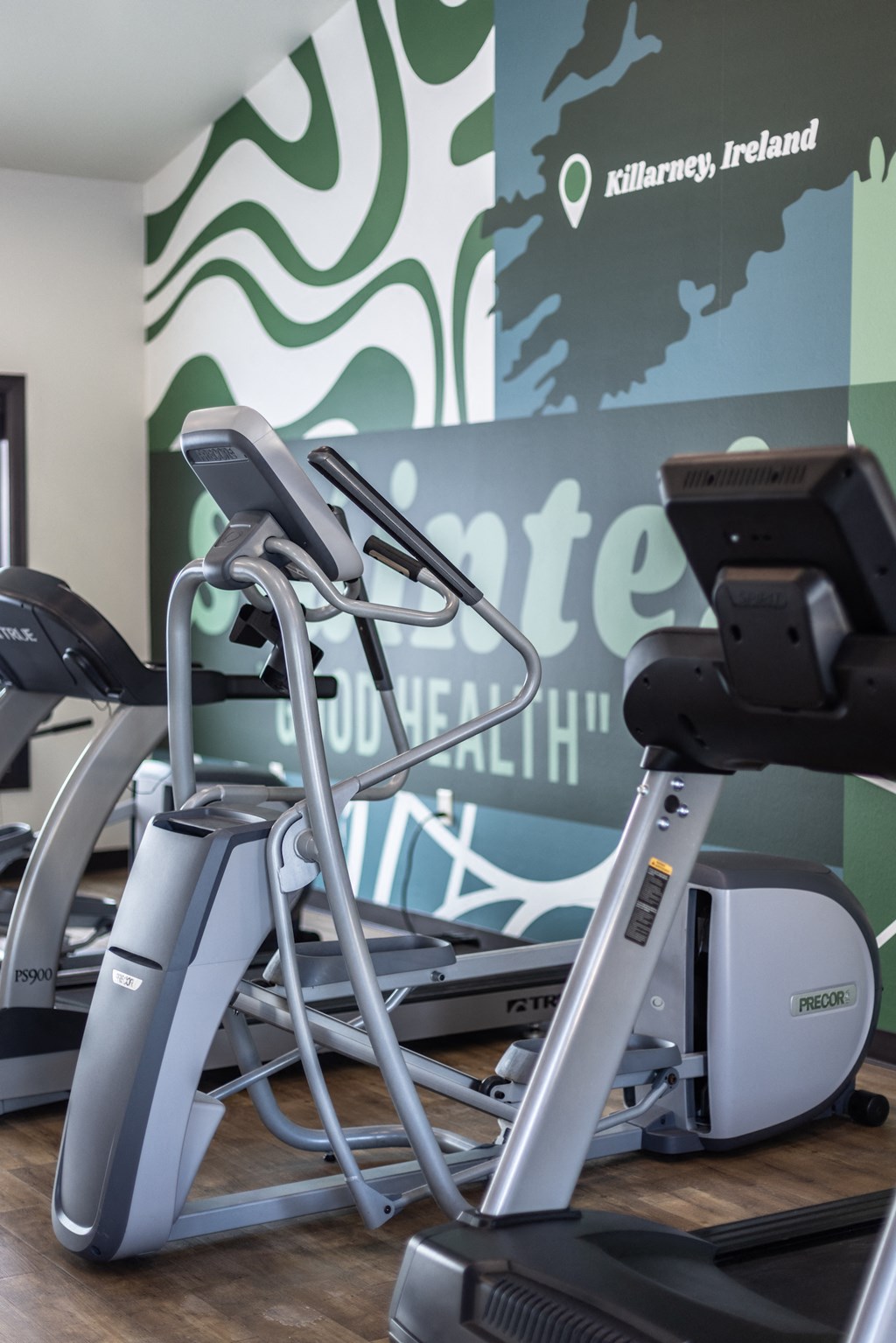 a row of exercise machines in a gym