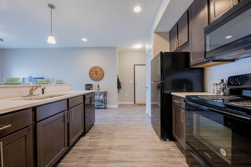 a kitchen with black appliances and a sink and a refrigerator