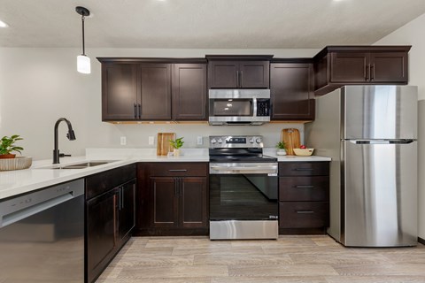 A modern kitchen with dark brown cabinets and stainless steel appliances.