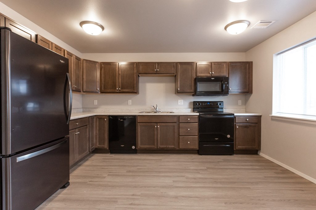 kitchen with long countertop