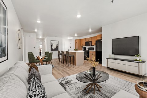 A modern living room with a grey sofa and a black and white patterned throw pillow.