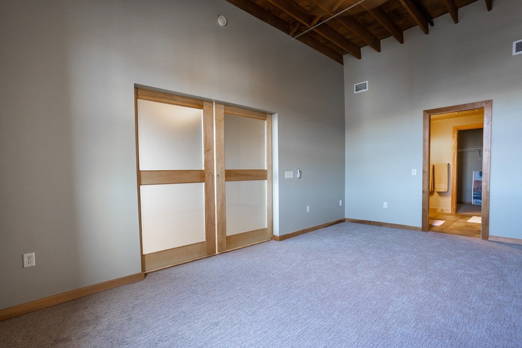 an empty room with white carpet and sliding closet doors