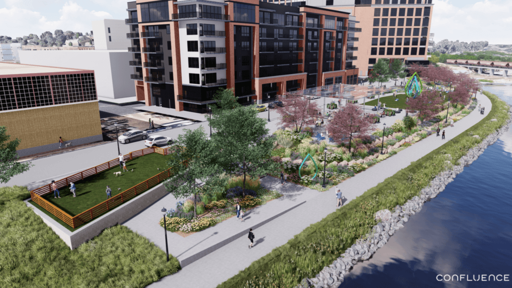 a rendering of a city park with a river and buildings