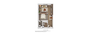 A floor plan of a two bedroom apartment with a kitchen, living room, and bathroom.