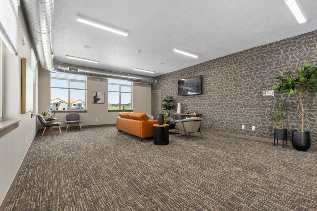 A spacious room with a grey carpet and a patterned wallpaper.