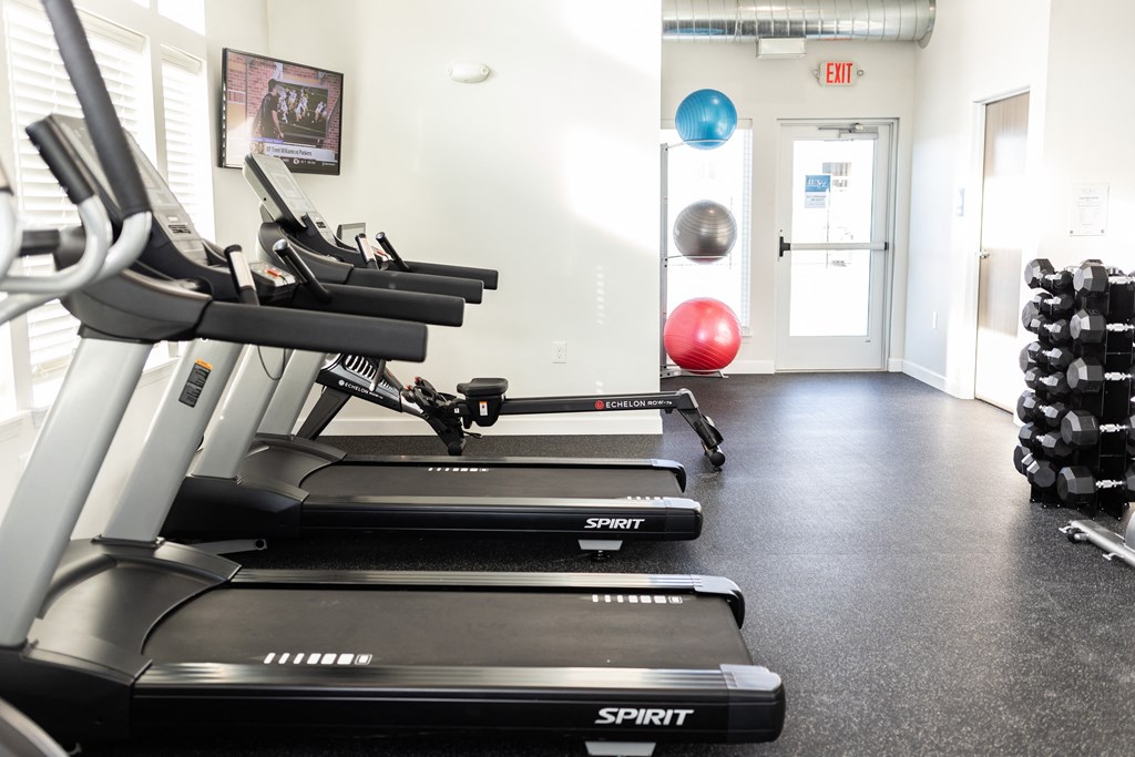 a gym with treadmills and exercise balls on the floor