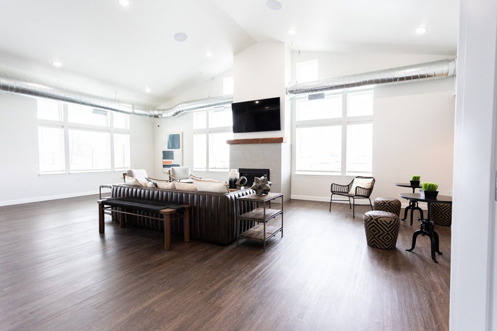 a living room with a couch and a fireplace and a tv