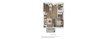 A floor plan of a small apartment with a living room, kitchen, and bathroom.