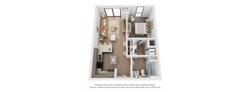 A 3D floor plan of a small apartment with a kitchen, living room, and bedroom.