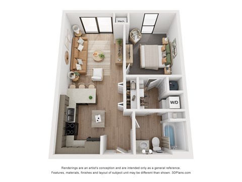 A 3D floor plan of a small apartment with a kitchen, living room, and bedroom.