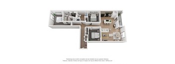a stylized 3d floor plan with a bedroom and a living room
