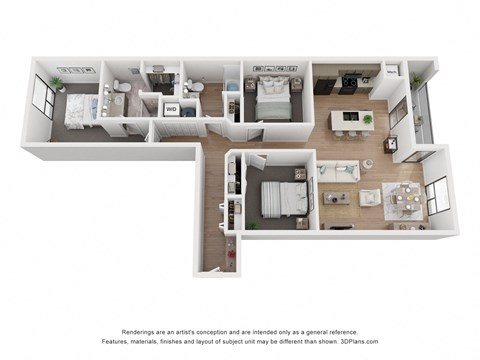 a stylized 3d floor plan with a bedroom and a living room