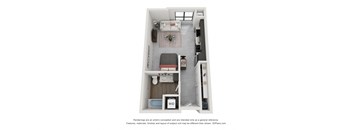A 3D floor plan of a small apartment with a kitchen, living room, and bathroom.