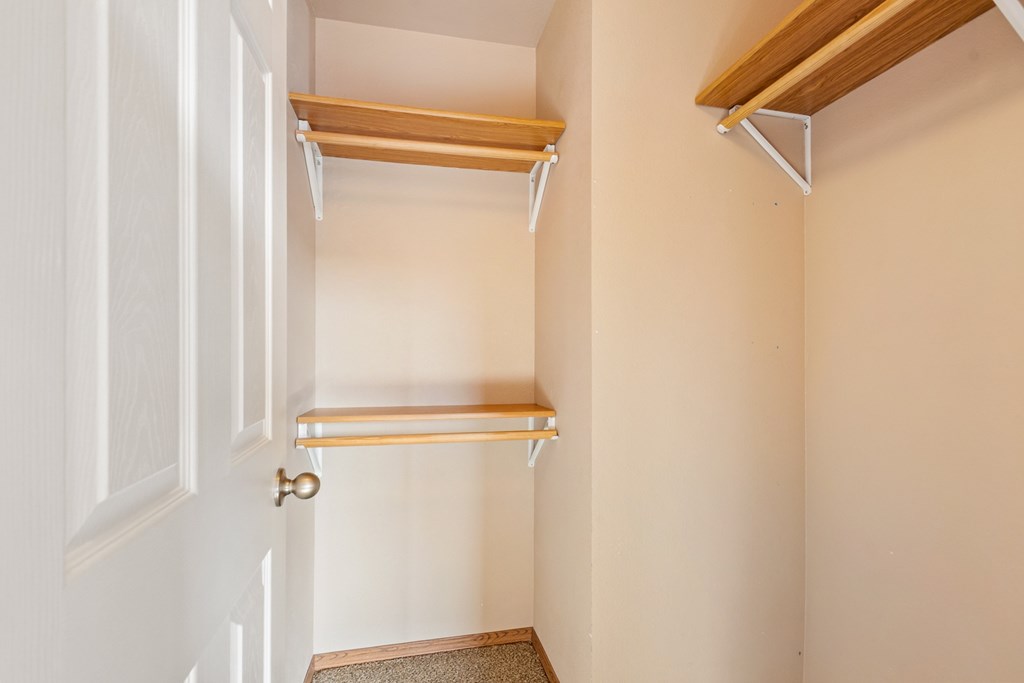 A white door with a gold handle is on the left and a shelf is on the right.