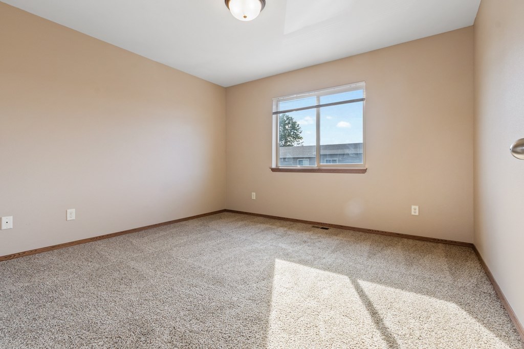 A room with a carpeted floor and a window showing a tree and a building outside.
