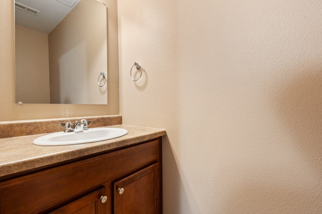 A bathroom with a sink and a mirror.