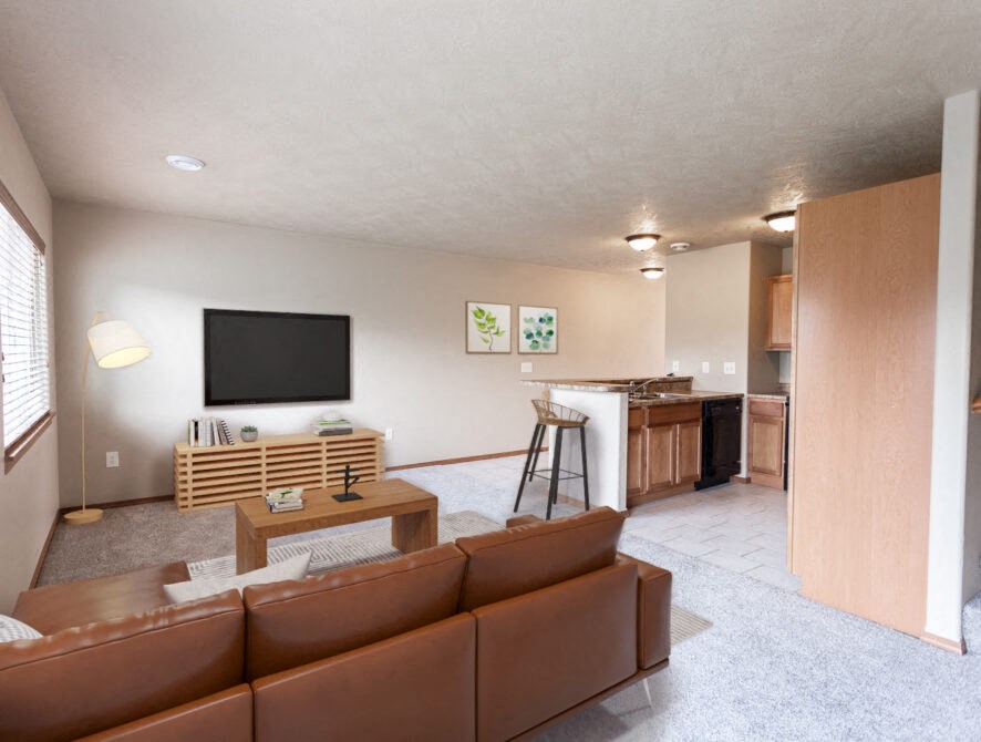a living room and kitchen with a couch and a tv