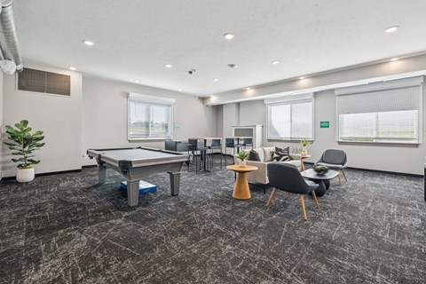 A room with a pool table, chairs, and a potted plant.