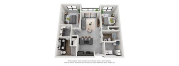 A 3D floor plan of a house with a kitchen, living room, and two bedrooms.