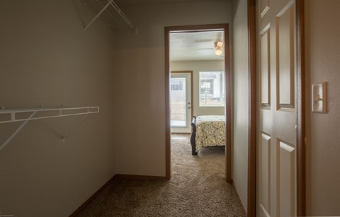 a bedroom with a closet and a bed and a closet door