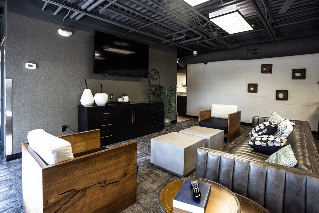 a living room with couches and chairs and a television