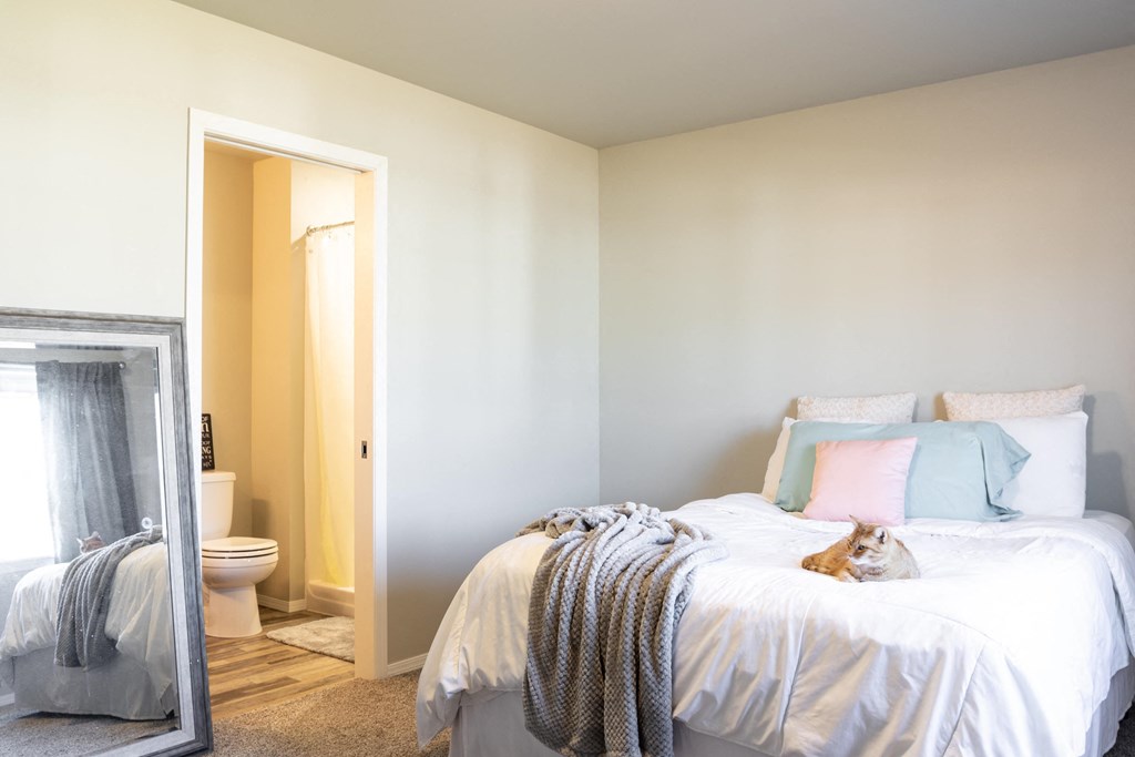 a bedroom with a bed and a cat laying on it