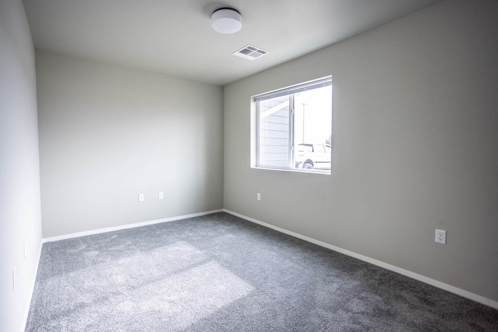 an empty room with a window and carpet
