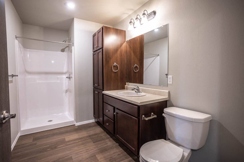 a bathroom with a toilet sink and a shower