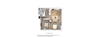 A floor plan of a small apartment with a living room, kitchen, and bedroom.