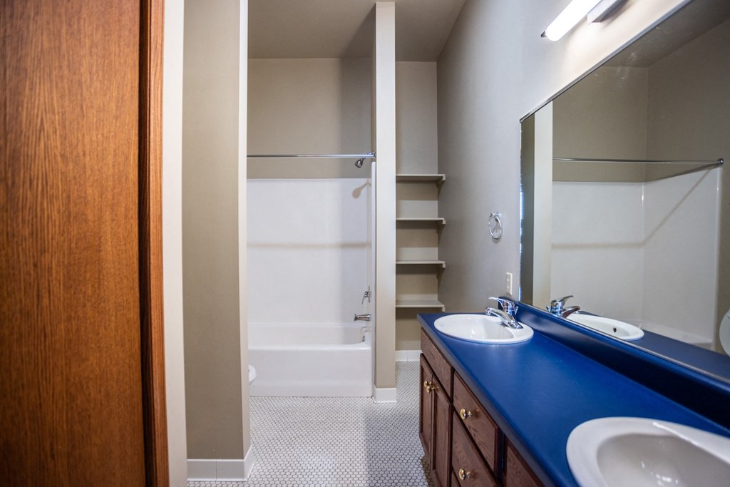 a bathroom with two sinks and a shower and a mirror
