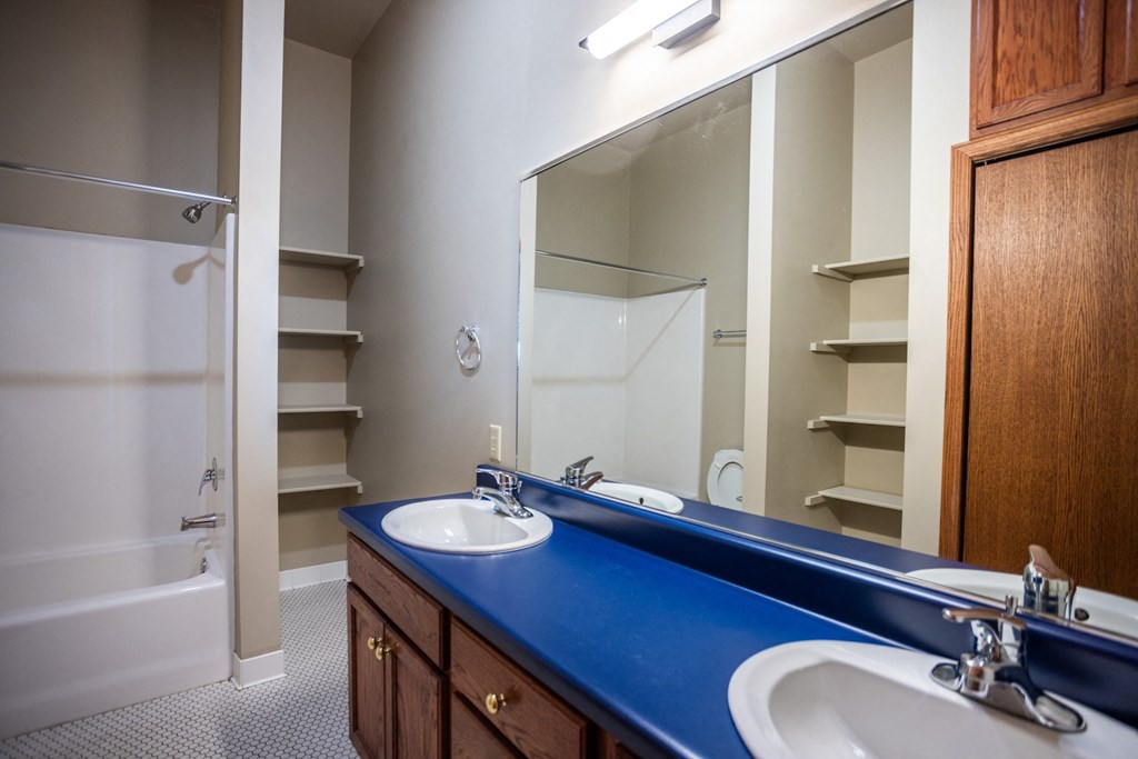 a bathroom with two sinks and a shower and a mirror