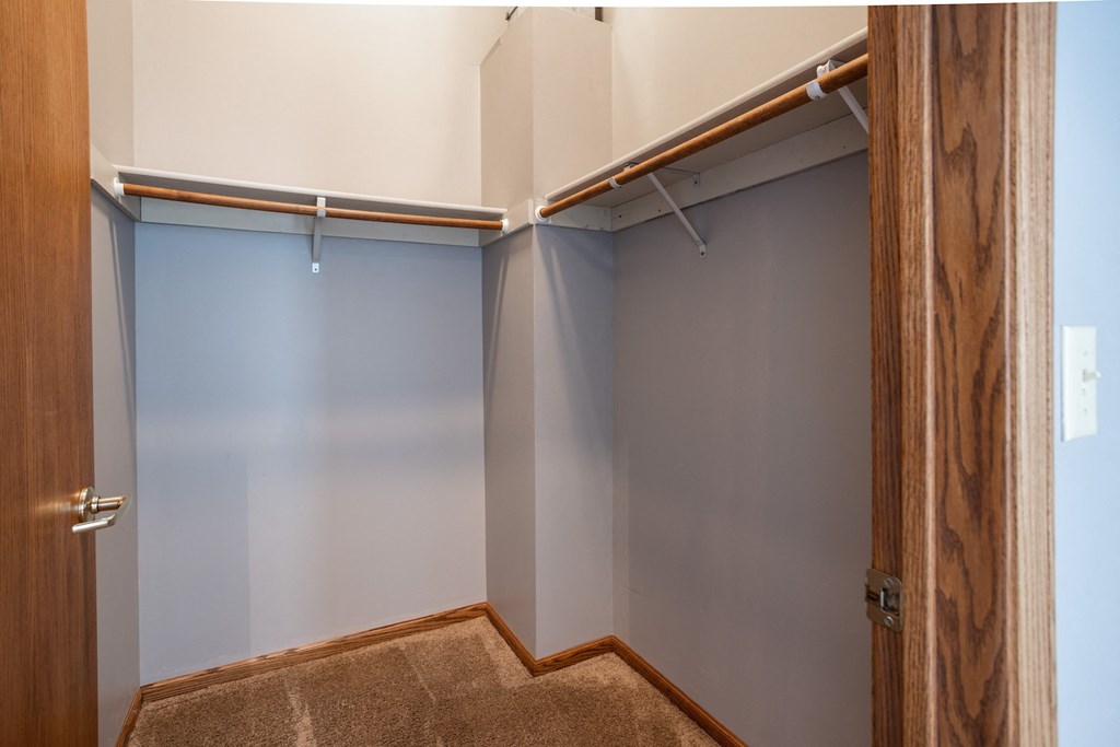 a walk in closet with a blue wall and a wooden door