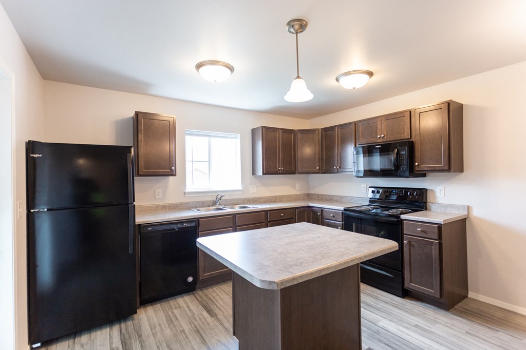 a kitchen with black appliances and a marble counter top