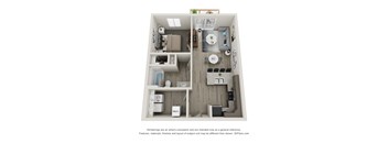 A 3D floor plan of a small apartment with a kitchen, living room, and bathroom.