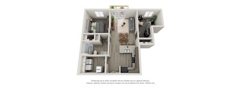 A 3D floor plan of a small apartment with a kitchen, living room, and two bedrooms.