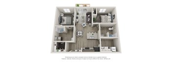 A 3D floor plan of a small apartment with a kitchen, living room, and bedroom.