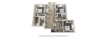 A 3D floor plan of a house with a kitchen, living room, and bedrooms.