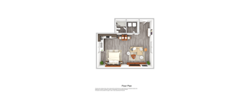 A floor plan of a small apartment with a bedroom, living room, and kitchen.