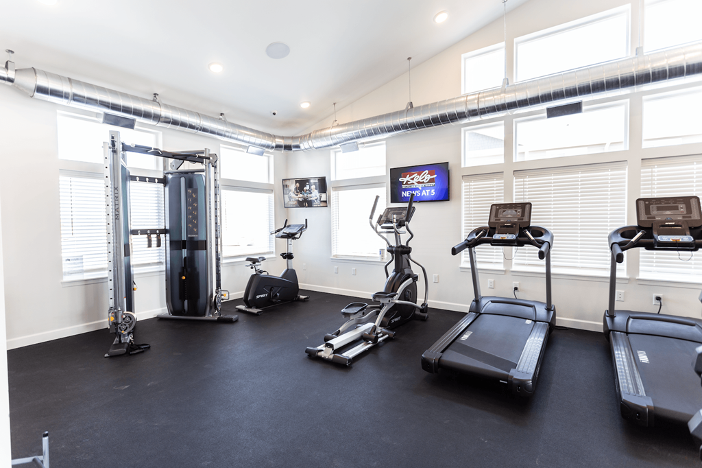 a gym with treadmills and other exercise equipment and windows